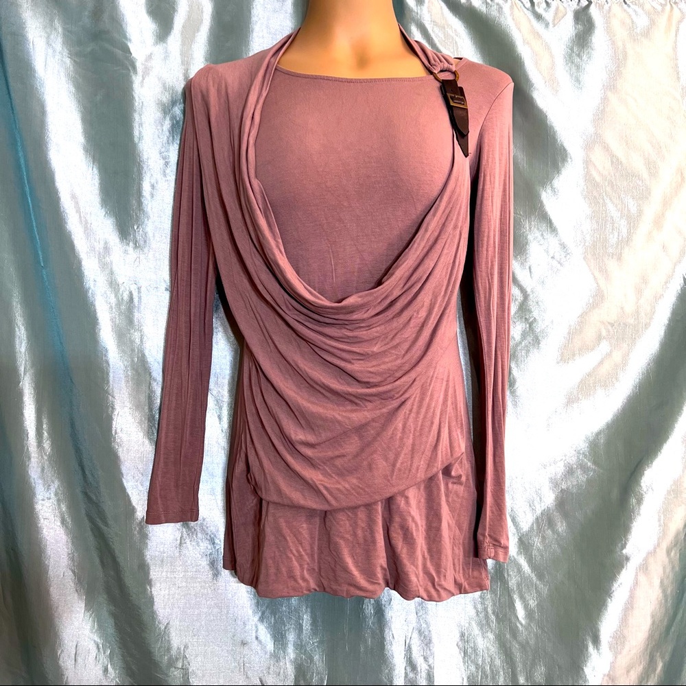 Super fitted steampunk draped design taupe LS knit tee-top, M runs sm.